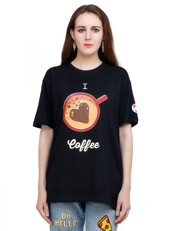 front view of black colour unisex tshirt with i love coffee printed on it