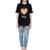 front view of black colour unisex tshirt with i love pizza printed on it