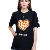 bust view of black colour unisex tshirt with i love pizza printed on it