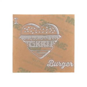 front view of chrome coloured i love burger metal sticker