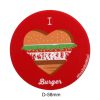 dimensions of red colour badge or fridge magnet with i love burger printed on it