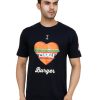 bust view of black colour unisex tshirt with i love burger printed on it